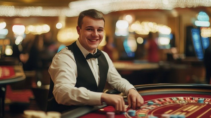 Tampilan meja permainan live casino dengan dealer wanita Profesional
